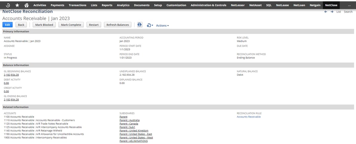 Account reconciliation in NetClose