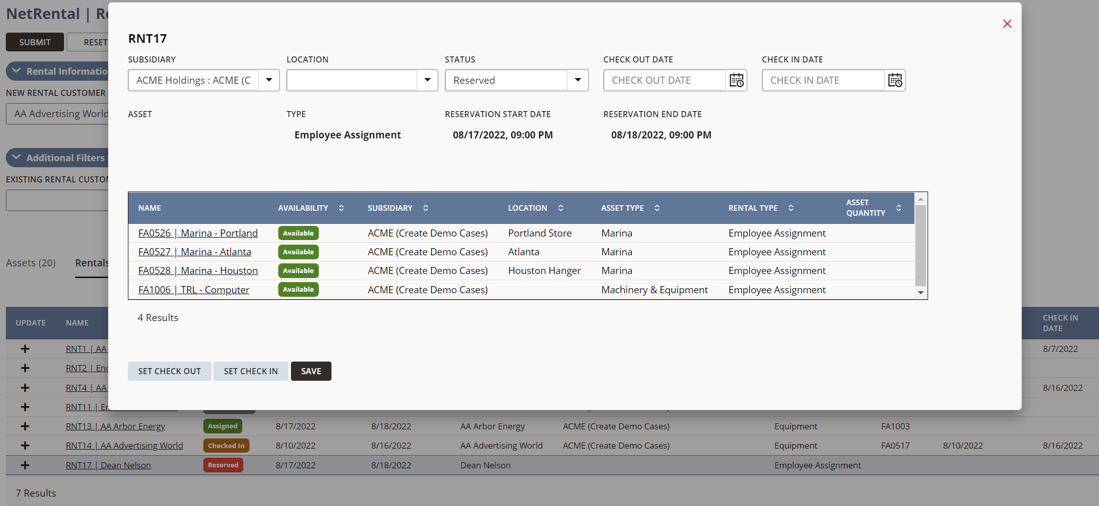 UI showing list of rental agreements